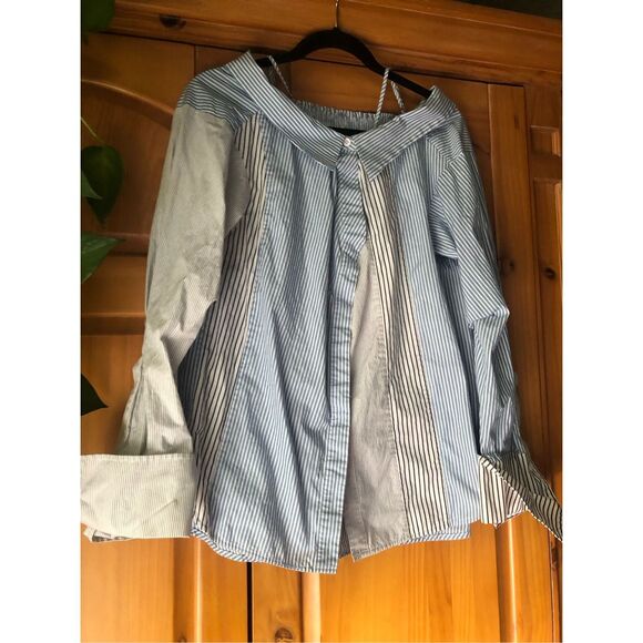Mo & Co Fashion Striped Patchwork Cut Shoulder Shirt SZ L - Picture 3 of 9